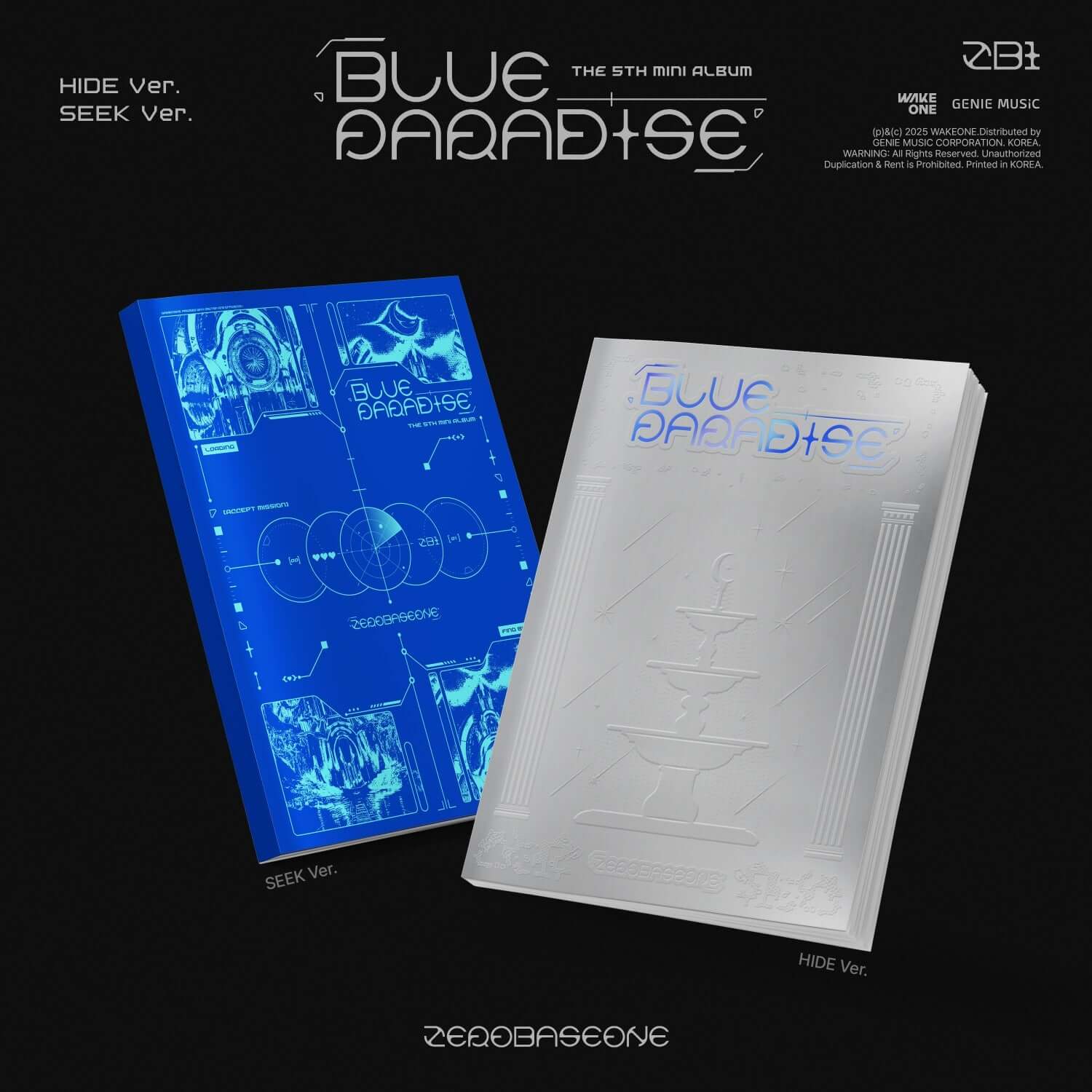 ZEROBASEONE - 5th Album [BLUE PARADISE] (SEEK Ver./HIDE Ver.) (Random) - Album Kpop : pochettes bleue et blanche sur fond noir.