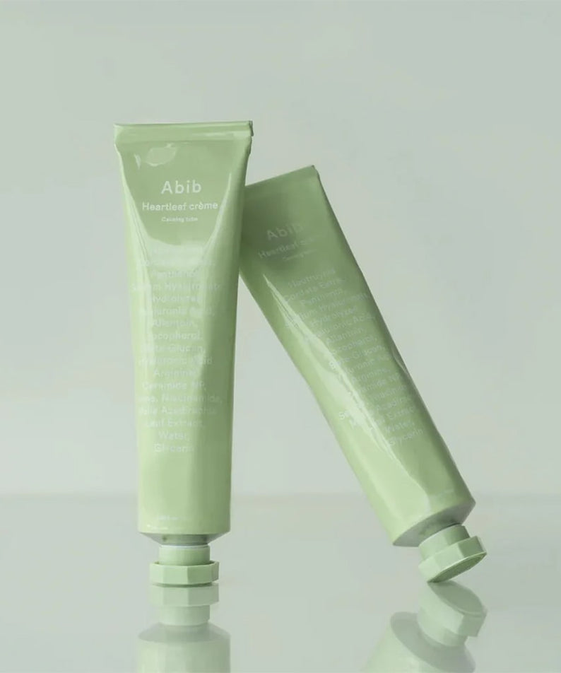 ABIB Heartleaf Crème Calming Tube 75ml, crème apaisante ABIB en tube vert, fond clair, image produit.