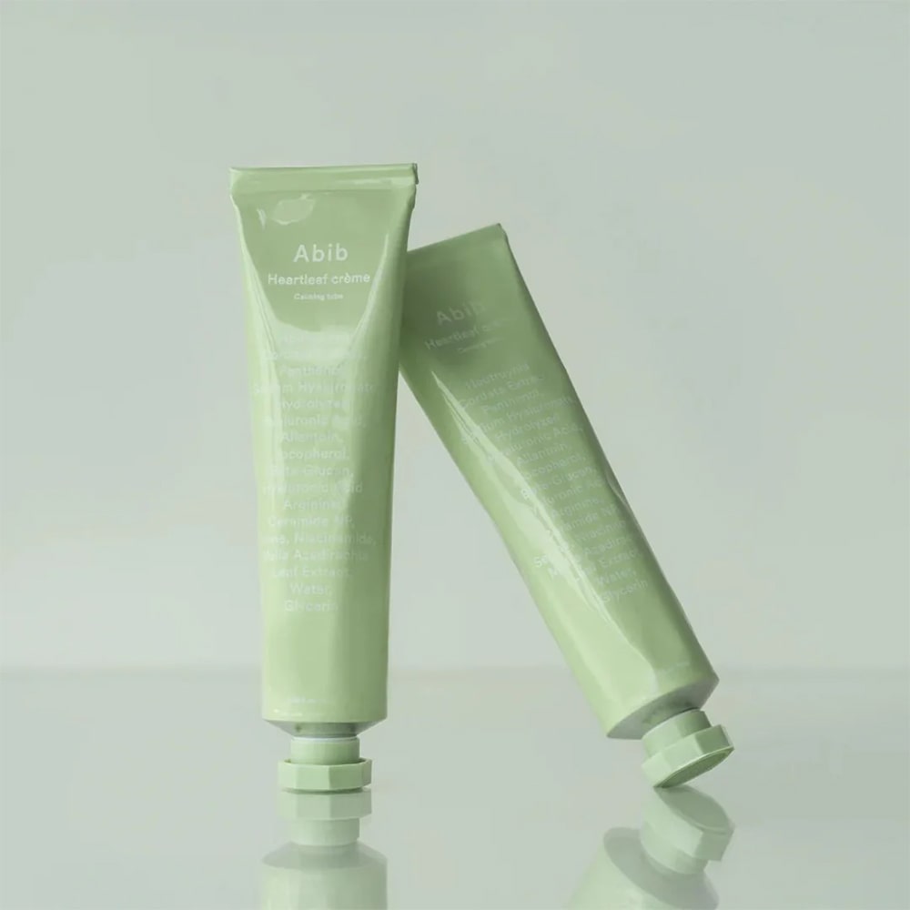 ABIB Heartleaf Crème Calming Tube 75ml, crème apaisante ABIB en tube vert, fond clair, image produit.