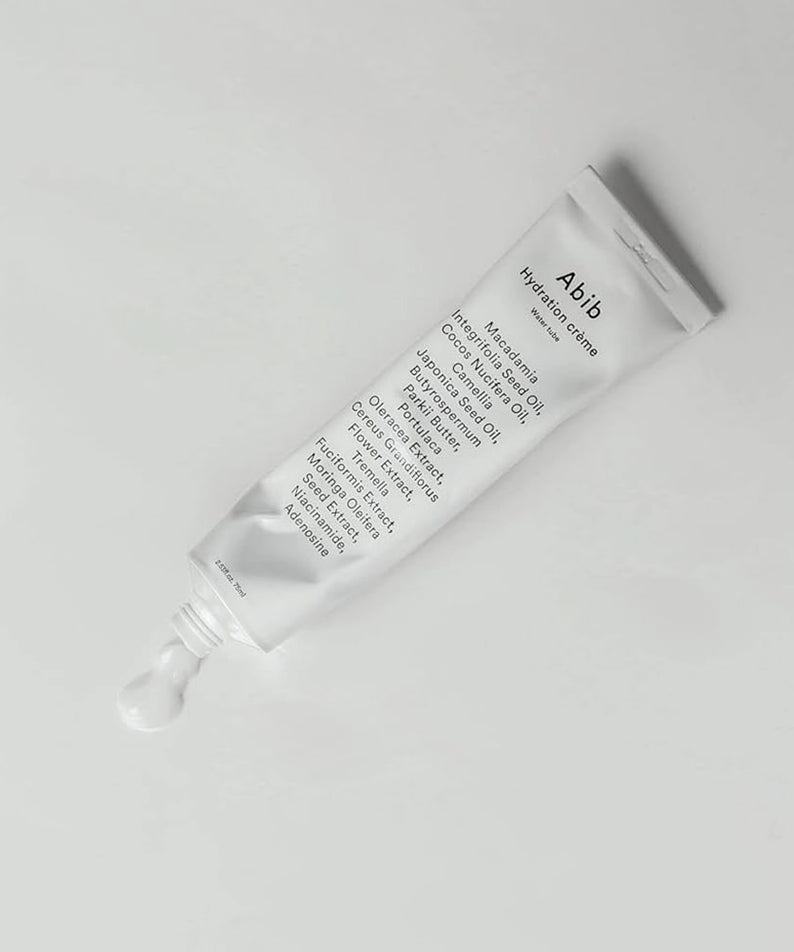 ABIB Hydration Crème Water Tube 75ml d’ABIB, tube crème hydratante sur fond blanc minimaliste.