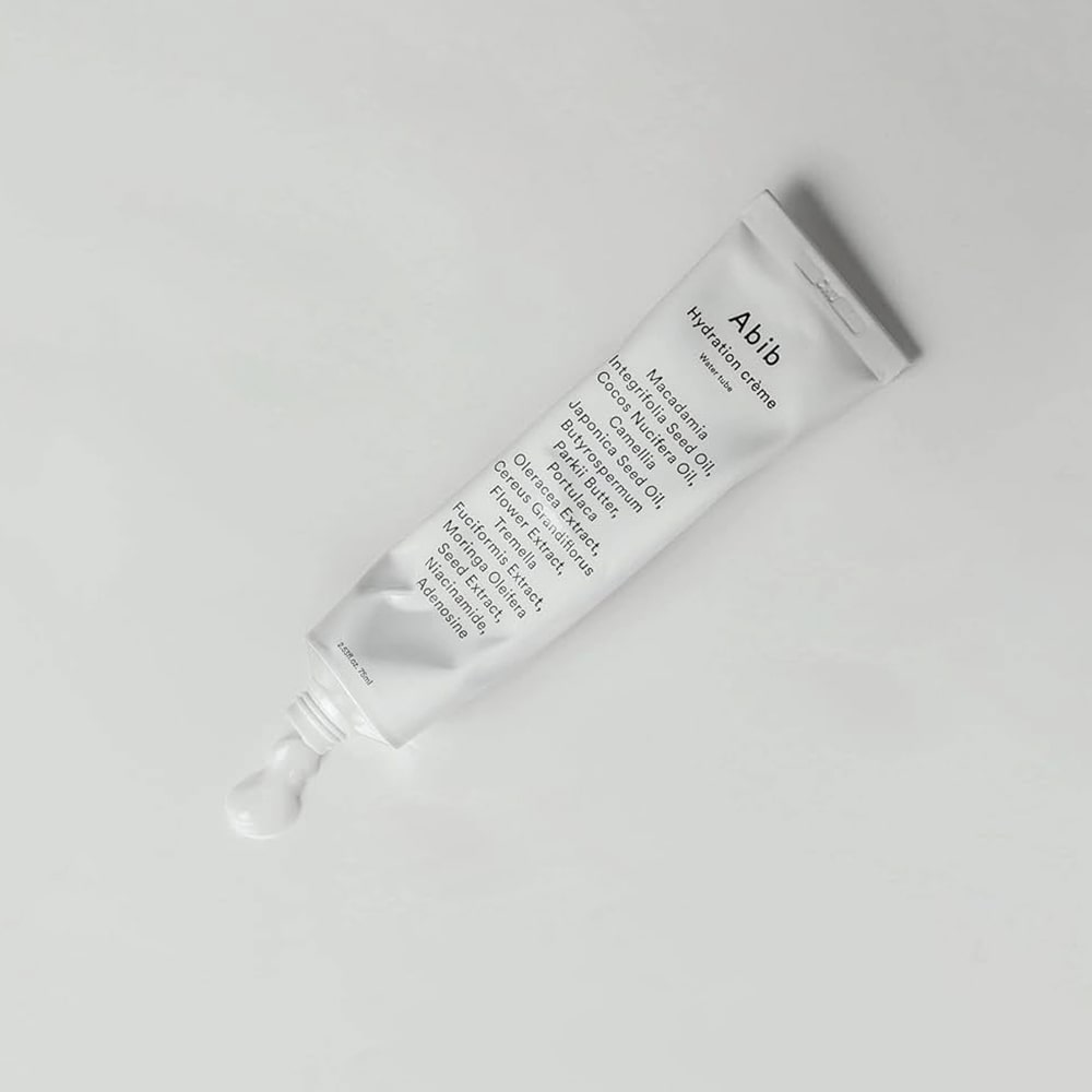 ABIB Hydration Crème Water Tube 75ml d’ABIB, tube crème hydratante sur fond blanc minimaliste.