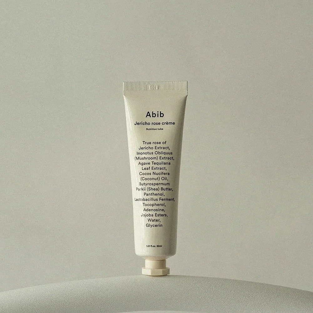 ABIB Jericho Rose Crème Nutrition Tube 75ml, tube crème ABIB sur fond clair minimal, photo produit en studio.