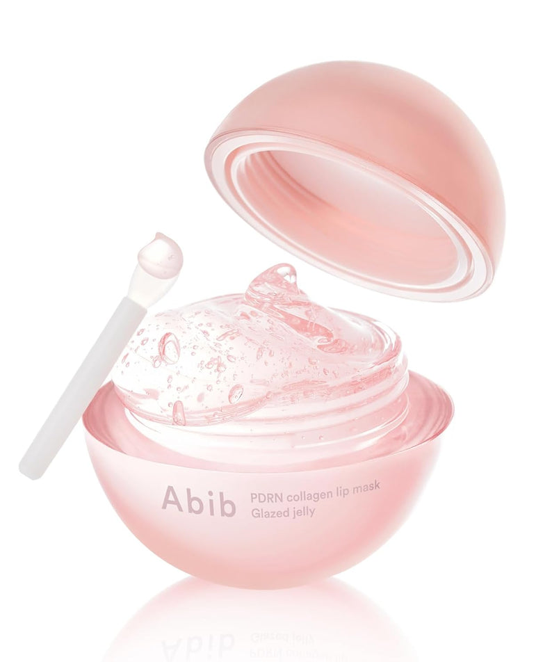 ABIB PDRN Collagen Lip Mask Glazed Jelly 11g, masque lèvres hydratant et repulpant avec applicateur, pot rose élégant.