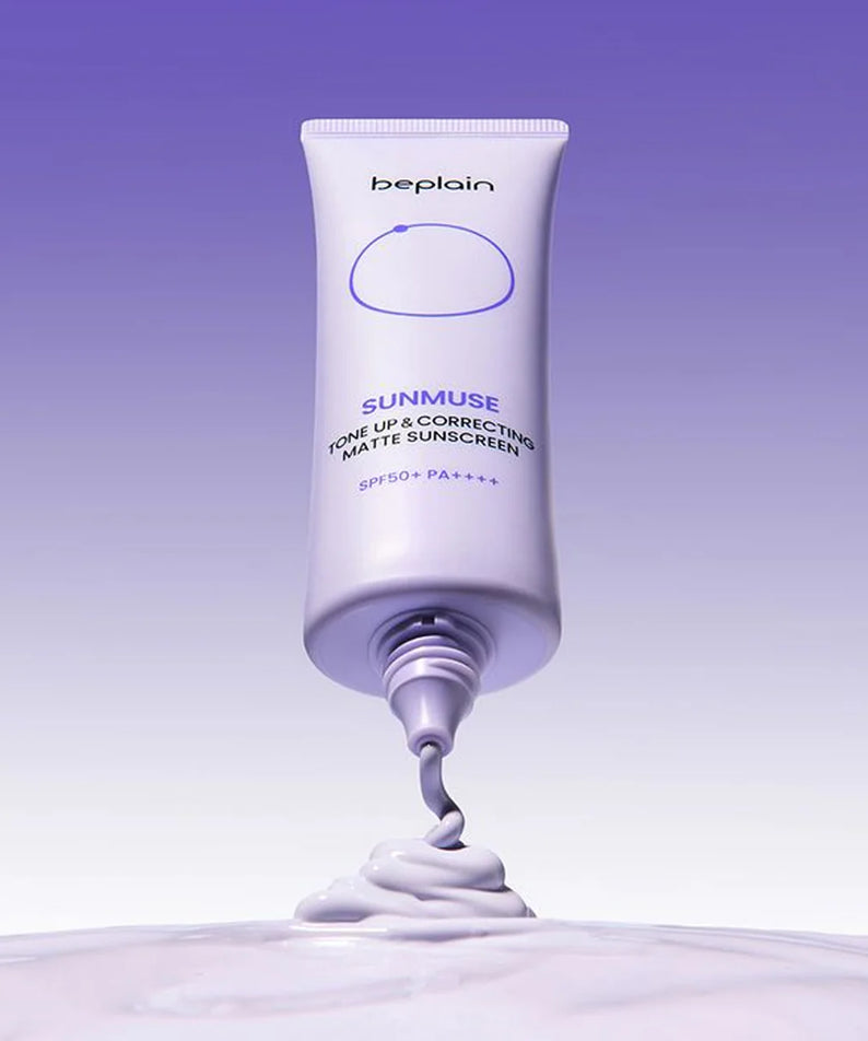 BEPLAIN Sunmuse Toneup & Correting Matte Sunscreen SPF50+ PA++++ 50ml, tube crème beplain sur fond violet.