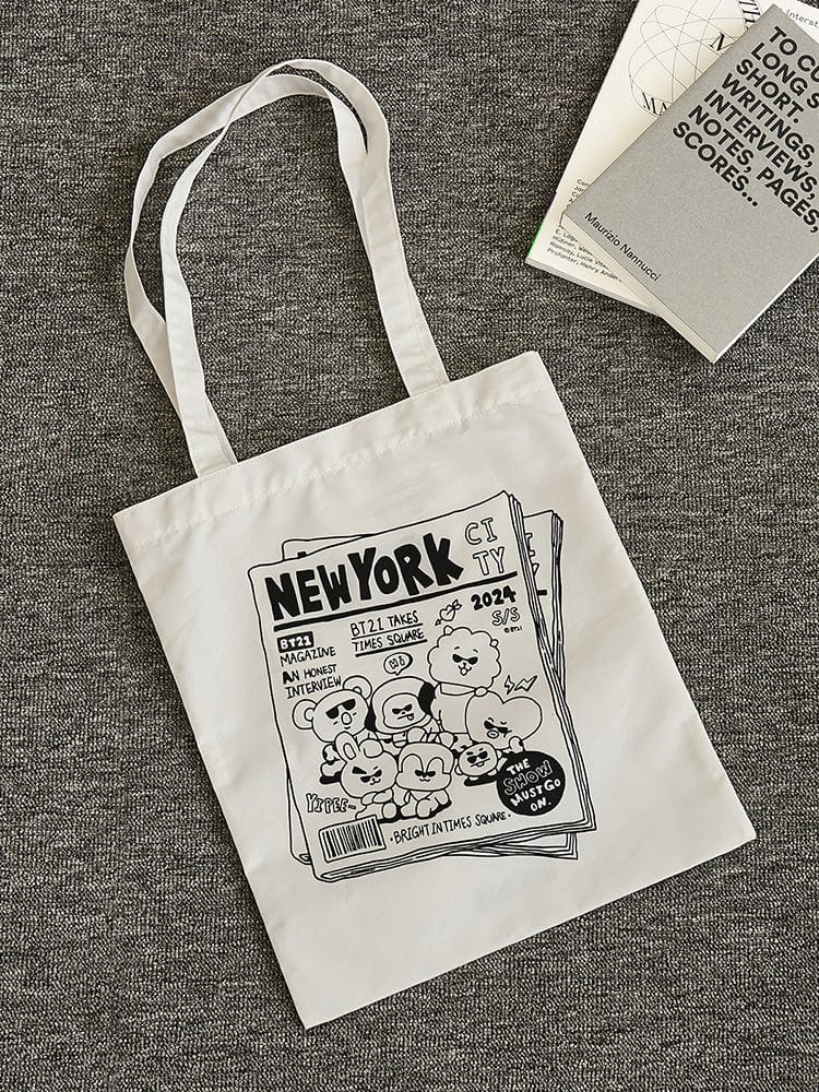 BT21 ECO BAG NEW YORK CITY EDITION de LINE FRIENDS : tote en toile blanche avec visuel New York, sur fond gris