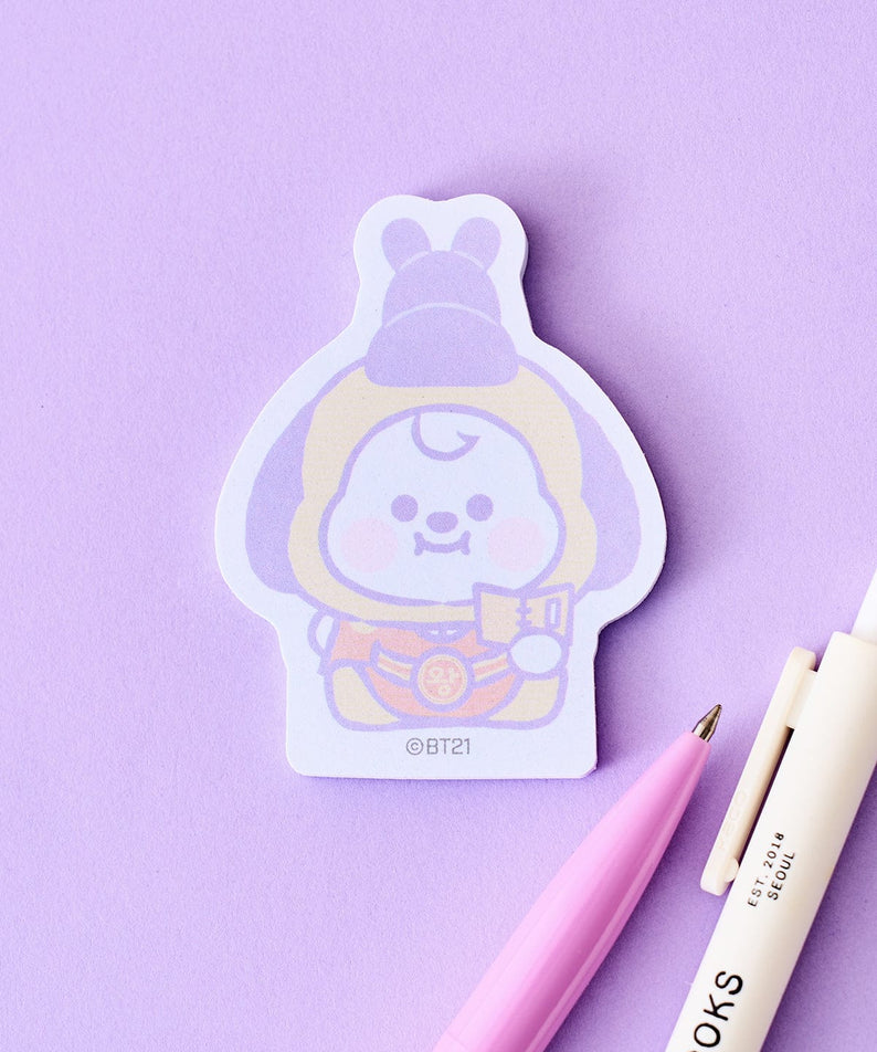 BT21 CHIMMY BABY MEMO NOTEPADS K-EDITION ver.2 : memo CHIMMY avec fond violet, style papeterie LINE FRIENDS, à poser sur bureau