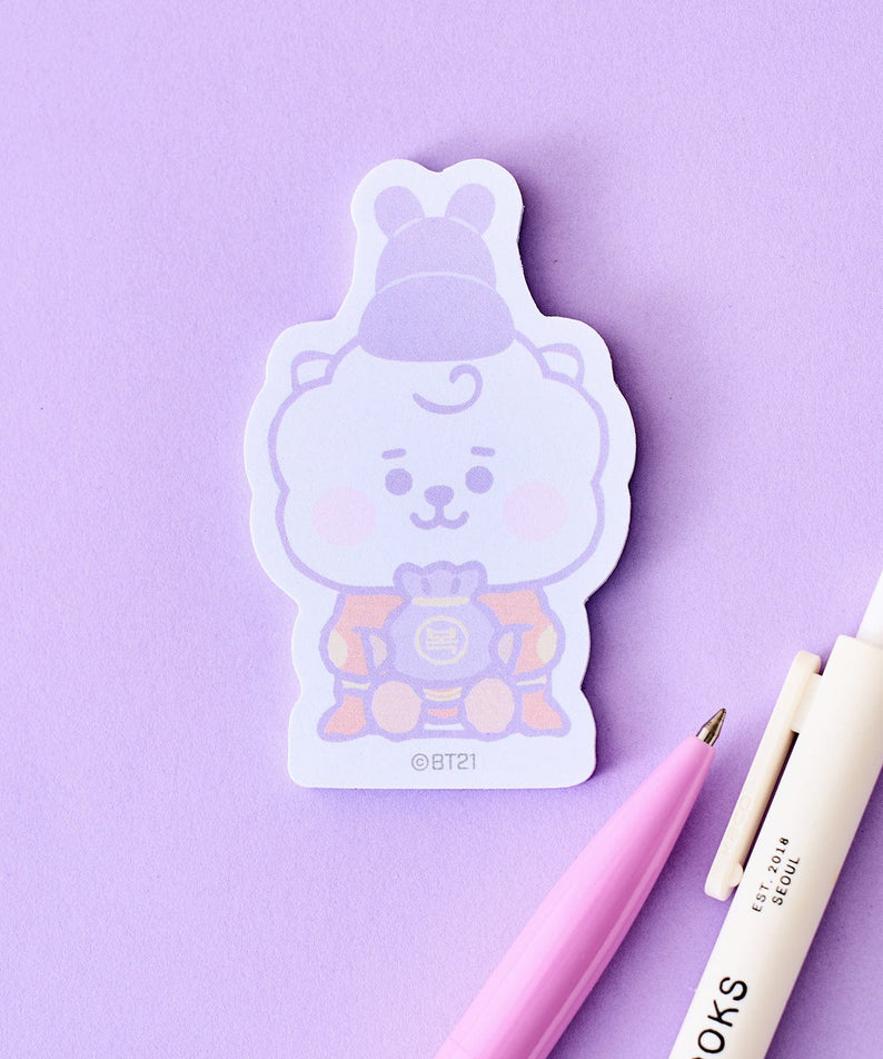 BT21 RJ BABY MEMO NOTEPADS K-EDITION ver.2 : mémo officiel LINE FRIENDS avec RJ alpaga, stylos sur fond violet