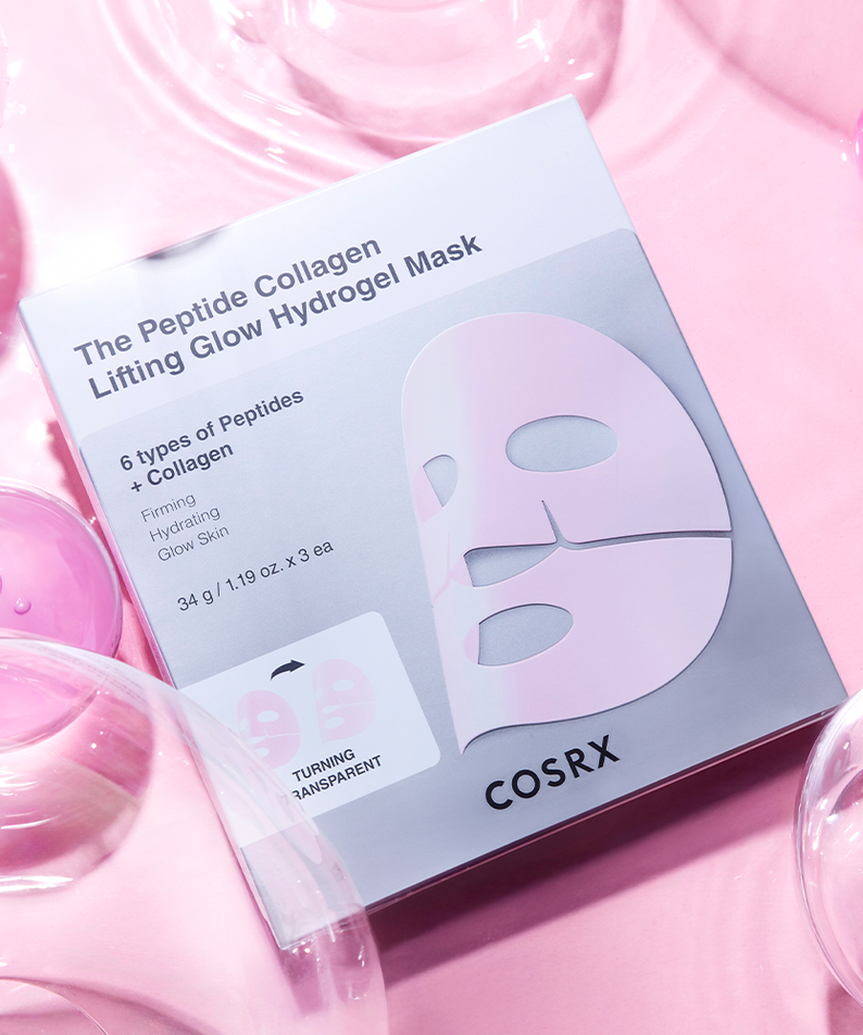 Masque COSRX The Peptide Collagen Lifting Glow Hydrogel - 3 feuilles, visuel d'emballage sur fond rose avec bulles transparentes.