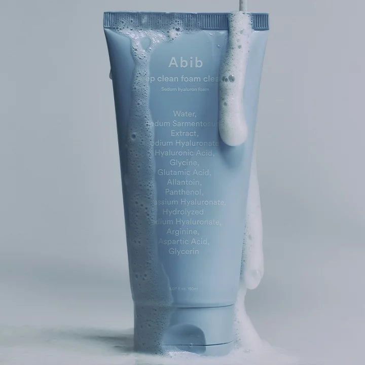 ABIB Deep Clean Foam Cleanser Sedum Hyaluron Foam 150ml, tube bleu Abib sur fond blanc, texture mousse.