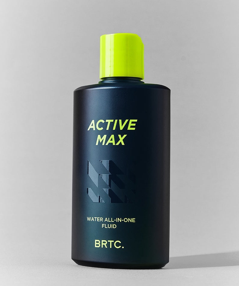 Bouteille de BRTC Homme Active Max Water All-in-One Fluid 150ml, fluide tout-en-un pour homme sur fond gris.