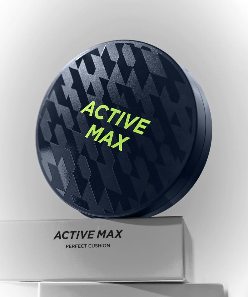 BRTC Homme Active Max Perfect Cushion 15g en boîte noire avec motif texturé, idéal pour une finition uniforme et naturelle.