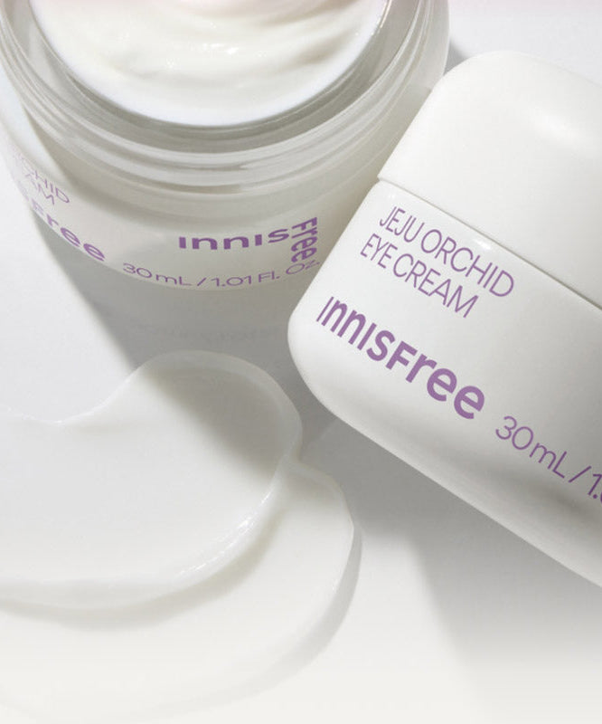 INNISFREE Jeju Orchid Eye Cream 30ml, crème yeux en pot et tube blancs sur fond clair, marque INNISFREE