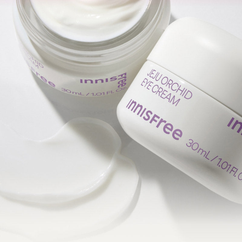 INNISFREE Jeju Orchid Eye Cream 30ml, crème yeux en pot et tube blancs sur fond clair, marque INNISFREE