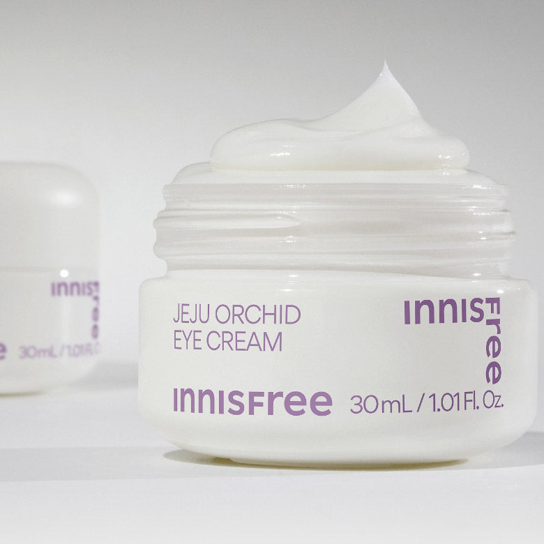 INNISFREE Jeju Orchid Eye Cream 30ml : crème contour des yeux inisfree sur fond blanc, pot cosmétique montré en gros plan.