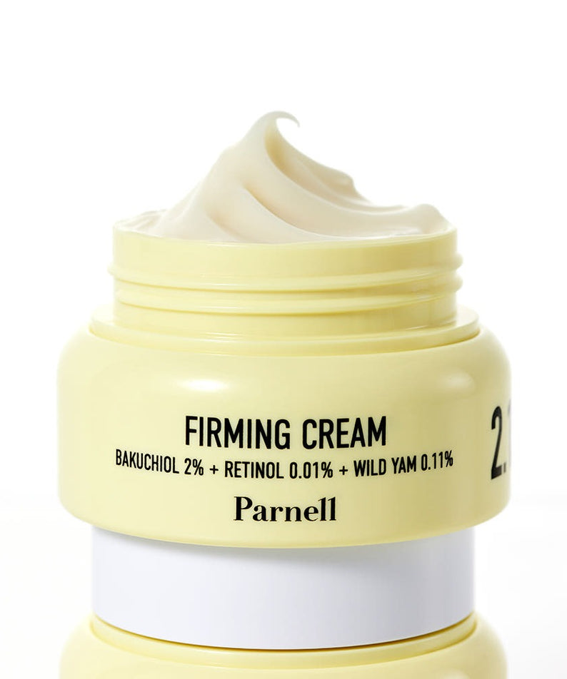 PARNELL Firming Cream en pot jaune avec Bakuchiol 2%, Retinol 0,01%, Wild Yam 0,11% pour une peau raffermie et éclatante.