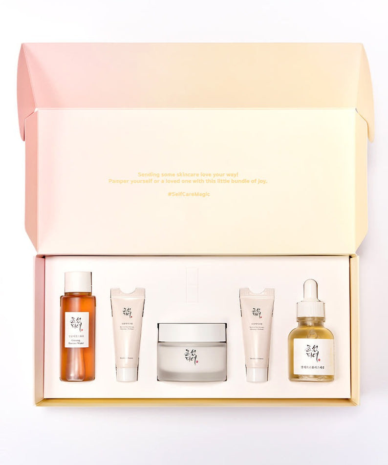 BEAUTY OF JOSEON Skincare Essential Set avec Ginseng Essence Water, Suncream, Dynasty Cream et Glow Serum, coffret soin complet.