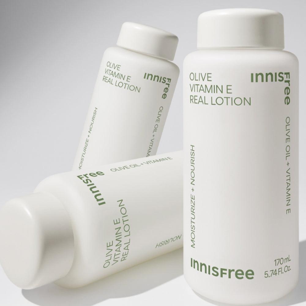 INNISFREE Olive Vitamin E Real Lotion 170ml : flacons crème hydratante Innisfree sur fond blanc, style produit beauté.