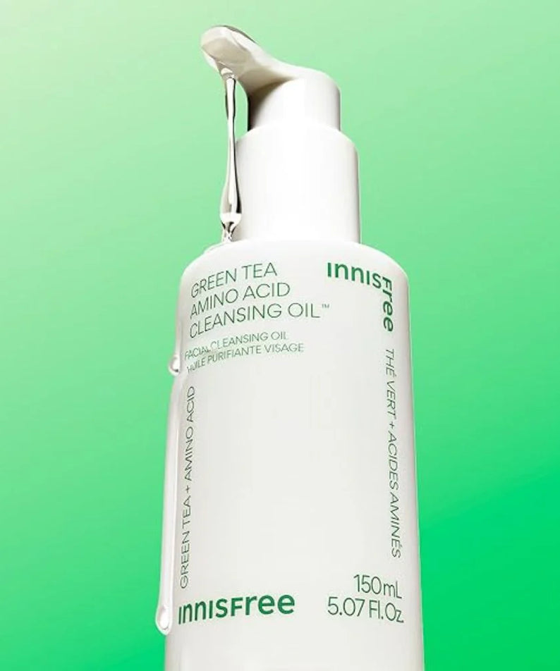 INNISFREE Green Tea Amino Hydrating Cleansing Oil 150ml, flacon blanc sur fond vert, produit beauté Innisfree.