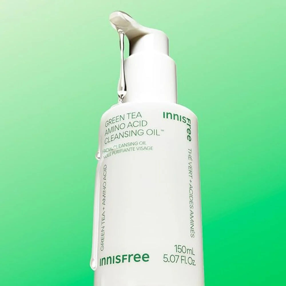 INNISFREE Green Tea Amino Hydrating Cleansing Oil 150ml, flacon blanc sur fond vert, produit beauté Innisfree.