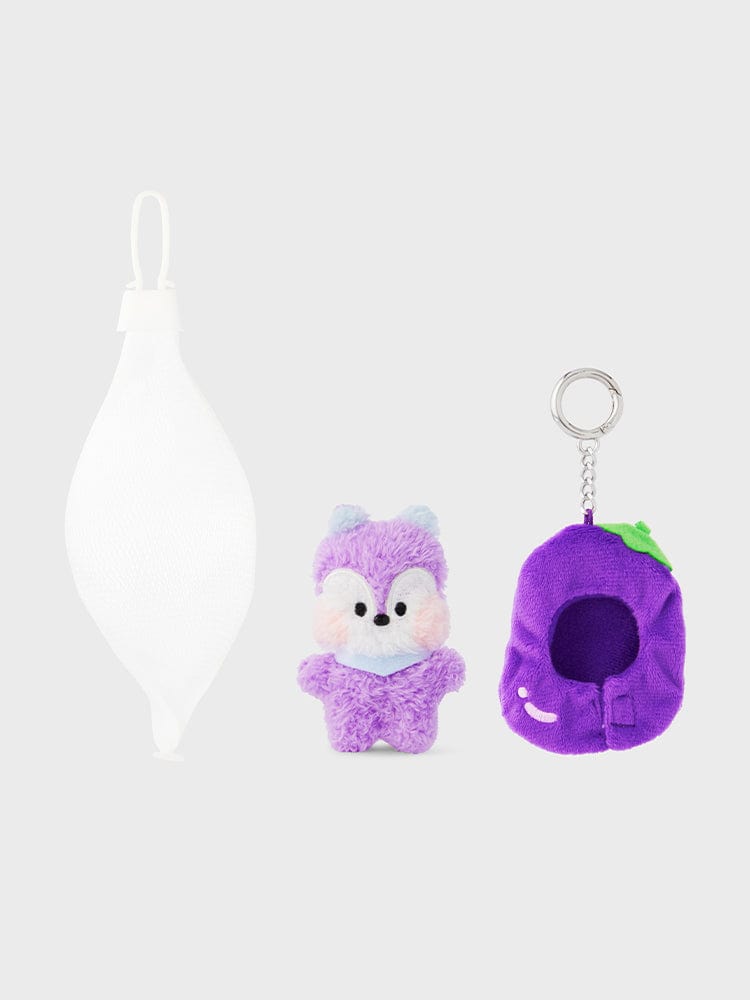 BT21 MANG mini minini VEGGIE DOLL KEYRING, porte-clés officiel K-pop BT21, figurines violettes sur fond clair.