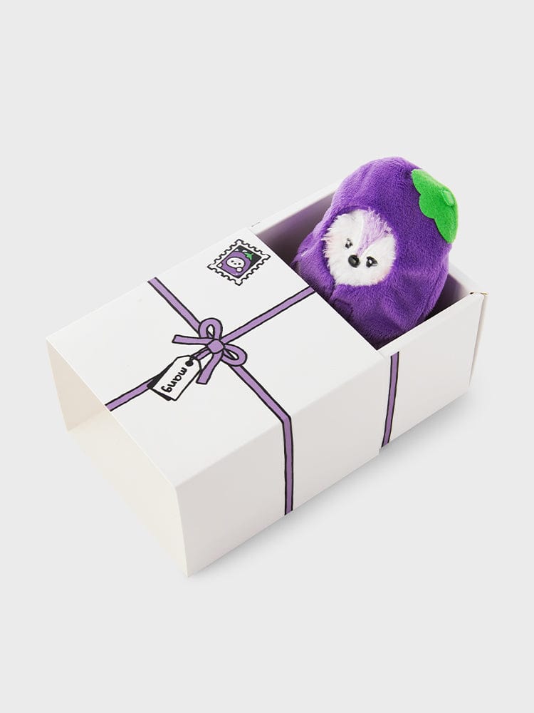 BT21 MANG mini minini VEGGIE DOLL, peluche violette dans une boîte cadeau blanche, marque BT21, décor chambre