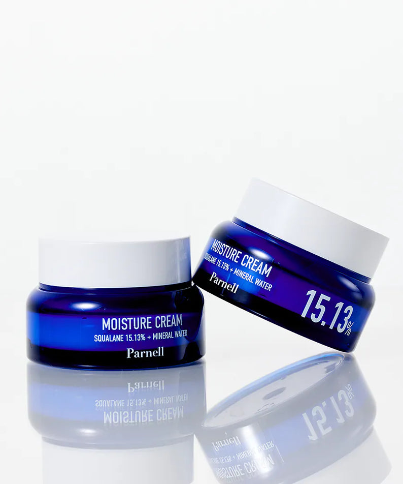 PARNELL  Squalane 15.13 Mineral Water Moisture Cream 50ml, pot bleu sur fond blanc, vue produit et packaging