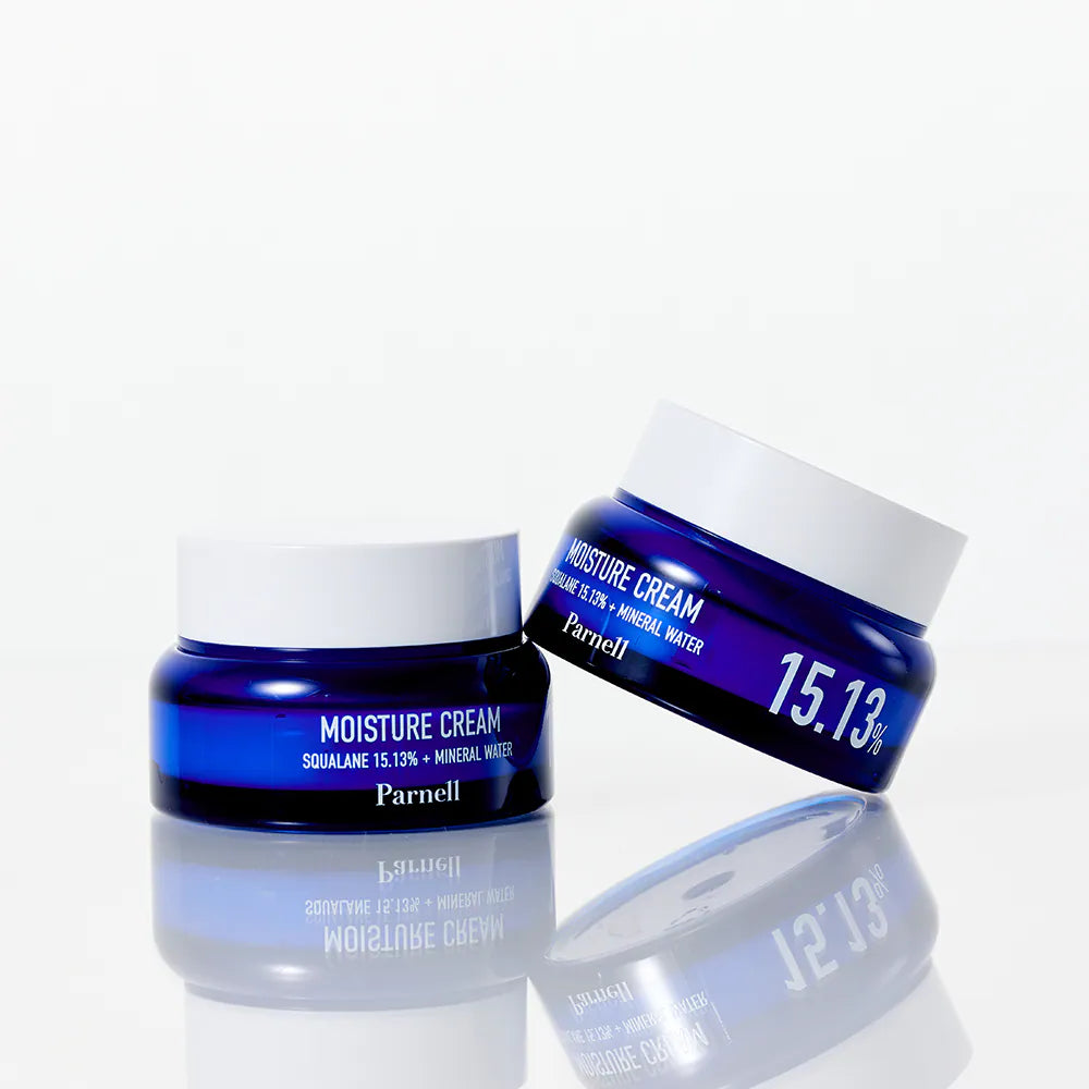 PARNELL  Squalane 15.13 Mineral Water Moisture Cream 50ml, pot bleu sur fond blanc, vue produit et packaging