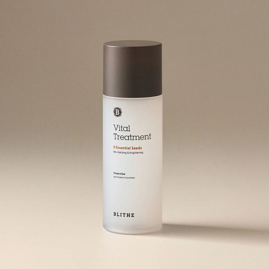 BLITHE Vital Treatment 9 Essential Seeds 54ml/150ml : flacon blanc sur fond beige, soin graines, marque BLITHE.