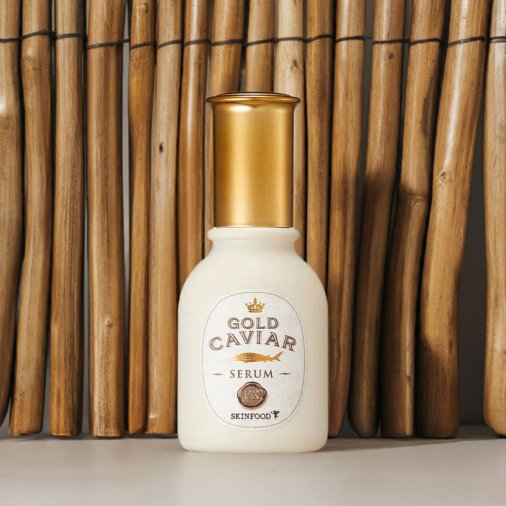 SKINFOOD Gold Caviar EX Serum 50ml, flacon blanc et or devant des bambous, contexte visuel skincare premium.